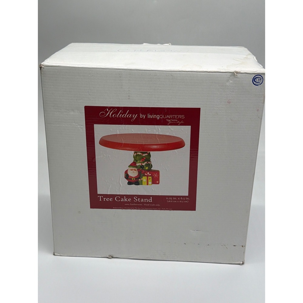 LivingQuarters Holiday Christmas Tree Santa Cake Stand Red Earthenware 11.25in